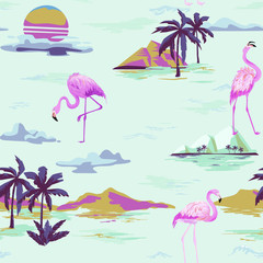 Tropical Flamingo seamless vector summer pattern with tropic palm trees. Bird background for wallpapers, web page, texture, textile. © wooster