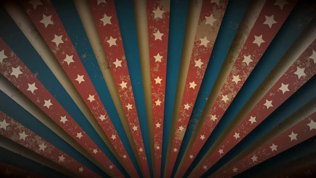 Patriotic US flag, wild west or circus retro grunge vintage sunburst or starburst loopable rotating animation in beige, blue and red stripes with stars