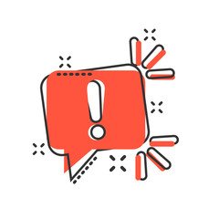 Attention sign icon in comic style. Warning banner vector cartoon illustration on white isolated background. Information business concept splash effect.