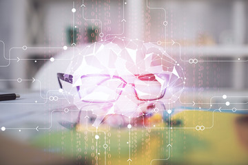 Brain drawings with glasses on the table background. Double exposure.