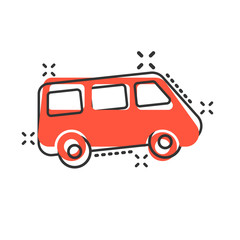 Passenger minivan sign icon in comic style. Car bus vector cartoon illustration on white isolated background. Delivery truck banner business concept splash effect.