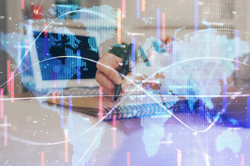 International business hud over woman's hands writing background. Concept of hard work. Double...