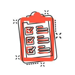 Checklist clipboard sign icon in comic style. Document list vector cartoon illustration on white isolated background. Questionnaire notepad business concept splash effect.