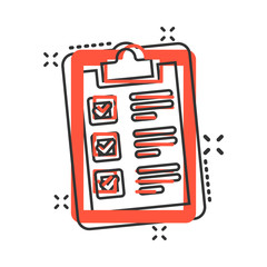 Checklist clipboard sign icon in comic style. Document list vector cartoon illustration on white isolated background. Questionnaire notepad business concept splash effect.