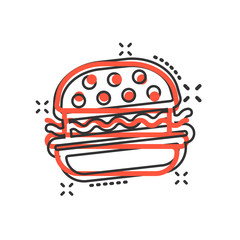 Burger sign icon in comic style. Hamburger vector cartoon illustration on white isolated background. Cheeseburger business concept splash effect.