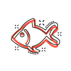 Fish sign icon in comic style. Goldfish vector cartoon illustration on white isolated background. Seafood business concept splash effect.