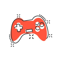 Joystick sign icon in comic style. Gamepad vector cartoon illustration on white isolated background. Gaming console controller business concept splash effect. © Lysenko.A