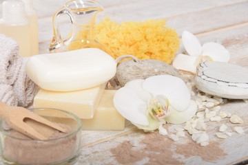 home spa, candles, pumice, natural soap, dry powder for making a face mask,