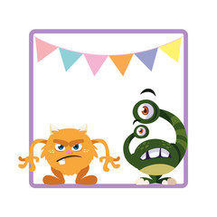 square frame with funny monsters and garlands hanging