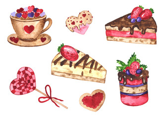 Watercolor set of tasty cakes. Sweet desserts. Cakes, cupcakes and other cute elements. Watercolor hand drawn  illustration