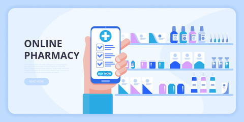 Hand holding smartphone buy online medicine. The concept of online pharmacy