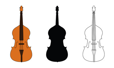 Line drawing, black silhouette, and color illustration of double bass outline classical contour wind musical instrument isolated on a white background. For student education, illustration for dictiona