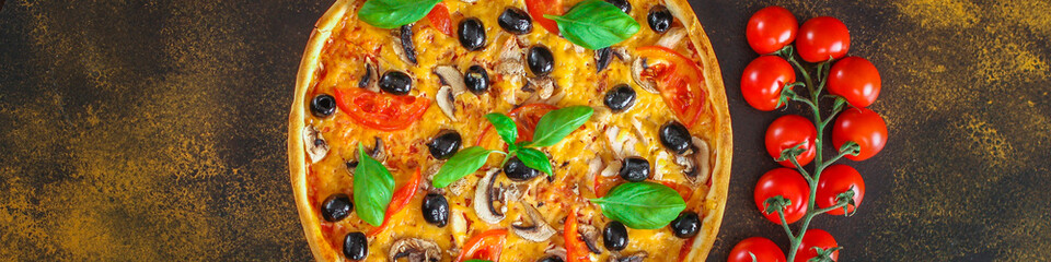 pizza olives, mushrooms, tomato, cheese, basil, sauce and more. top view. food background. copy space for text and lettering