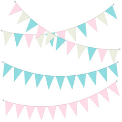 Pennant banner garland, vector illustration. Hanging triangle flags pastel color. Holiday party bunting