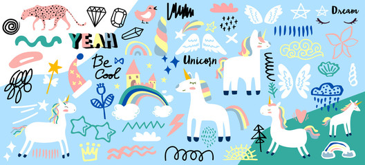 Fototapeta na wymiar Collection of handwritten slogans or phrases and decorative design elements hand drawn in trendy doodle style - unicorn, rainbow, symbols. Colorful vector illustration for T-shirt or sweatshirt print.
