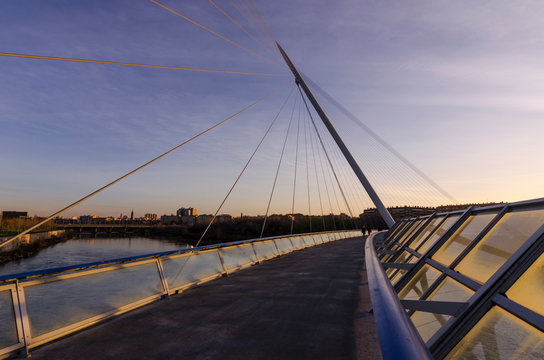 Views of the Pasarela del Voluntariado bridge over the Ebro river in Zaragoza (Spain)