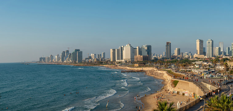 Panoramic view of the coastline of Tel Aviv, Israel