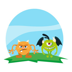 funny monsters couple in the field characters colorful