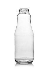 Empty glass bottle for drinks on a white background.