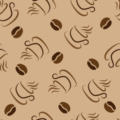 seamless pattern with coffee beans and cups of coffee on a brown background