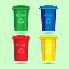 set yellow, green, blue and red recycle bins with recycle symbol
