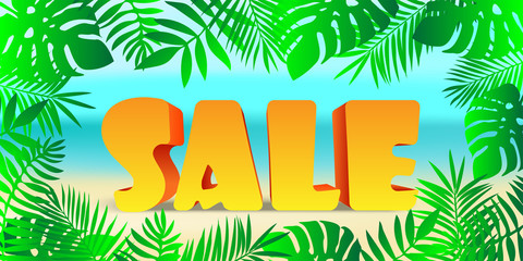 Summer discount on the background of the beach in palm leaves