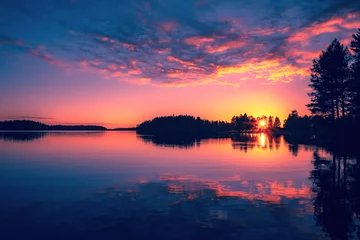 Fototapeten Summer night sunset from Sotkamo, Finland. © ville
