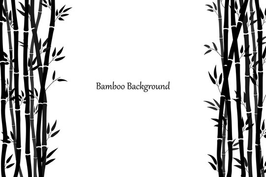 Background template with bamboo stalks and leaves. Minimalistic design in black. Vector illustration
