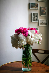 Gorgeous white and pink pions in a glass vase on the table with some light in front of the Parisian window