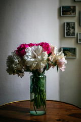 Gorgeous white and pink pions in a glass vase on the table with some light in front of the Parisian window