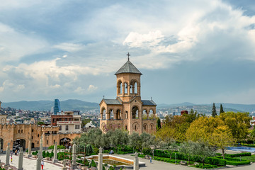 01/05/2019 Tbilisi, Georgia, The bell tower of the Holy Trinity Cathedral of Tbilisi commonly known as Sameba is the main cathedral of the Georgian Orthodox Church