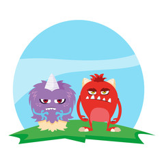 funny monsters couple in the field characters colorful