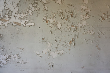 A shot of an old wall with chipped, partially peeled-off white and beige paint.