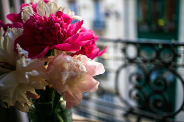 Gorgeous white and pink pions in a glass vase in front of the open Parisian window after the rain close up