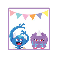 square frame with funny monsters and garlands hanging