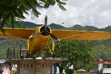 San Ramon, Junin, Peru - Dec 30, 2018: An old Biplane stands as a memorial in Parque del Avion, San...