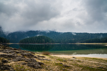 Montenegro, Glass clear clean glacial lake waters reflecting forest trees in misty atmosphere in perfect nature paradise of durmitor national park landscape