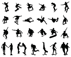 Black silhouettes of skate jumpers on a white background