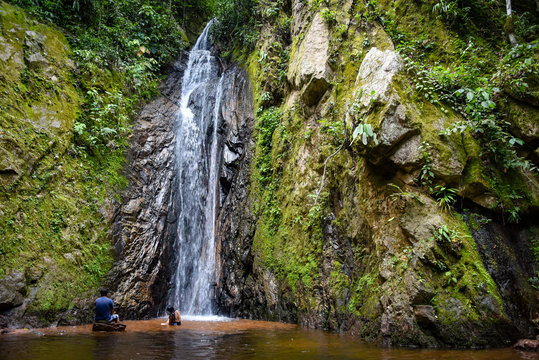 Junin, Peru - Jan 1, 2019: Las Reinas waterfall near the town of La Merced