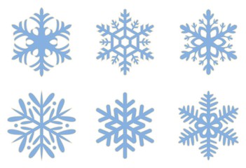 Fototapeta na wymiar Blaue frostige Schneeflocken mit schneeweißer Umrandung auf einem isolierten weißen Hintergrund.