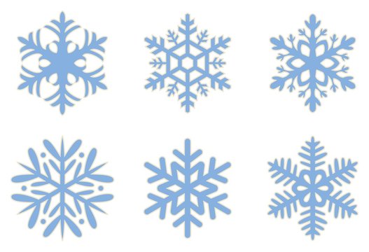 Blaue frostige Schneeflocken mit schneeweißer Umrandung auf einem isolierten weißen Hintergrund.