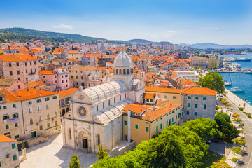 Croatia, city of Sibenik, panoramic view od the old town center and cathedral of St James, most important architectural monument of the Renaissance era in Croatia, UNESCO World Heritage - obrazy, fototapety, plakaty