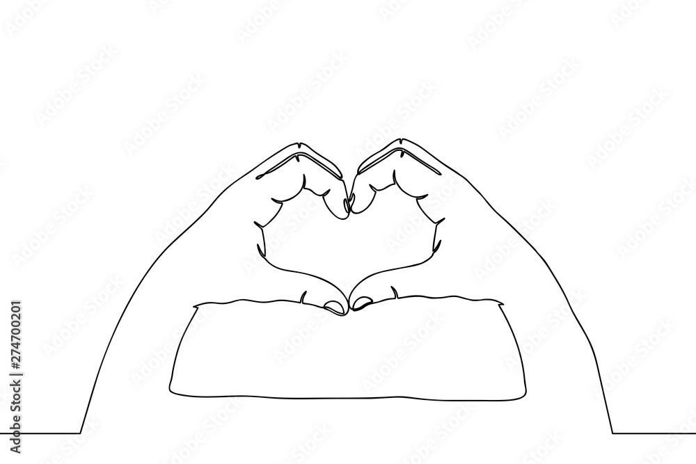Poster one line hands in love gesture. continuous line drawing of hand in heart form. vector illustration.