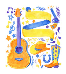 watercolor Illustration set for Country music festival banners. Set has a guitar, hat, boot, gun, tape and other elements.