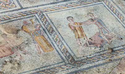 Fototapeta na wymiar Mosaic fragment on the floor in ancient Roman town Sepphoris or Zippori Archaeological National Park, Galilee, Israel.