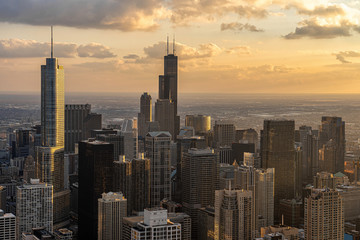 Top view of Chicago cityscape river side at the sunset time, USA downtown skyline, Architecture and building with tourist concept,