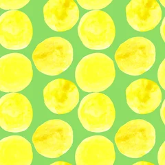 Foto auf Acrylglas Aquarell Musterdesign aus gelben Kreisen mit goldenen Farbspritzern © Ирина Самойлова
