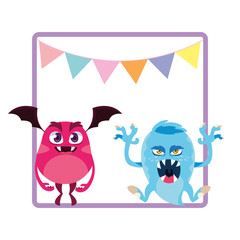 Fototapeta premium square frame with funny monsters and garlands hanging