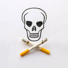 a drawn skull with crossed cigarettes instead of bones, stop smoking, stop smoking, do not smoke.