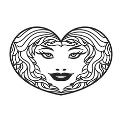 love and heart icon with illustration of face woman in the icon